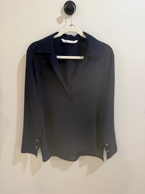 Zara Dark Navy V-Neck Collared Blouse